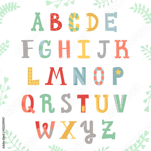 Funny handwritten multicolored alphabet. Lettering with plants. Hipster and vintage style. Perfect for your design!