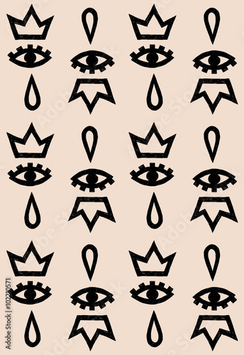 vector pattern of black eyes, crowns and tears on beige backgrou