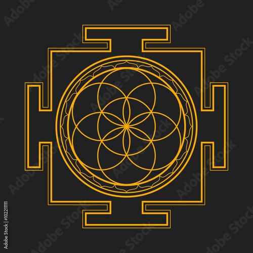 monochrome outline seed of life yantra illustration.