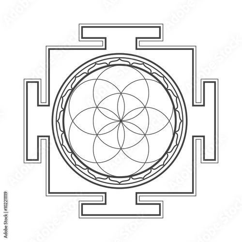 monochrome outline seed of life yantra illustration.
