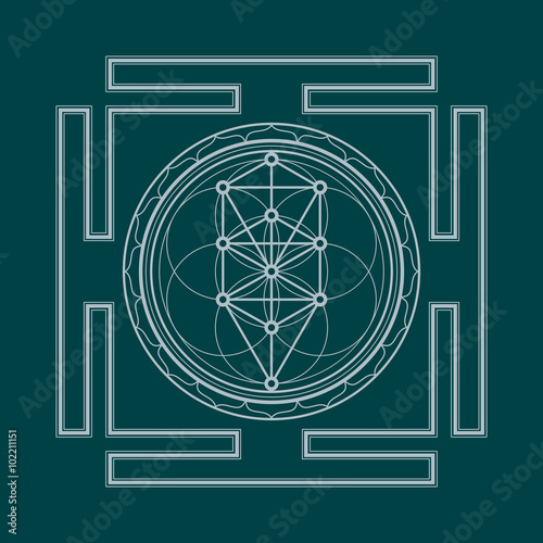 monochrome outline tree of life yantra illustration.