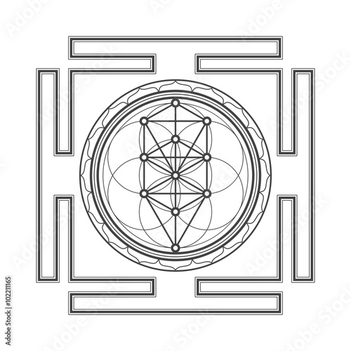 monochrome outline tree of life yantra illustration.