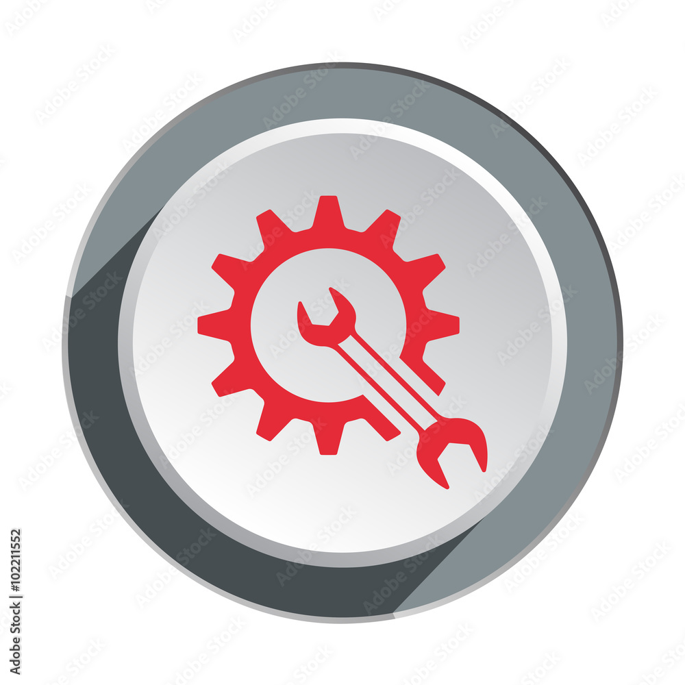 Gear, cogwheel with wrench key icon. Repair fix tool symbol. Red sign on round three-dimensional white-gray button. Vector Gear, cogwheel with wrench key icon. Repair fix tool symbol. Red sign on round three-dimensional white-gray button. Vector