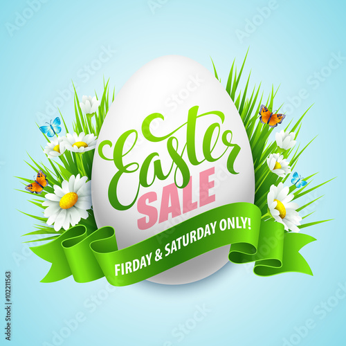 Easter sale background with eggs and spring flower. Vector illustration