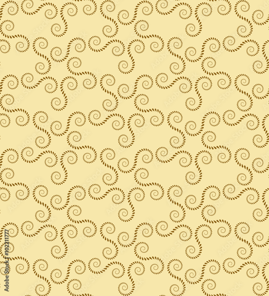 Spiral seamless lace pattern. Vintage texture. Abstract twirl figures of laurel leaves. Yellow, gold contrast colored background. Vector 