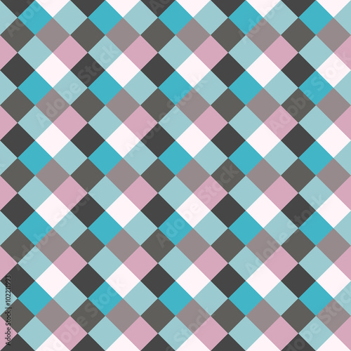 Seamless geometric checked pattern. Diagonal square  woven line background. Rhombus  patchwork texture. Blue  gray  rose  sea  soft colored. Winter  homosexual theme. Vector