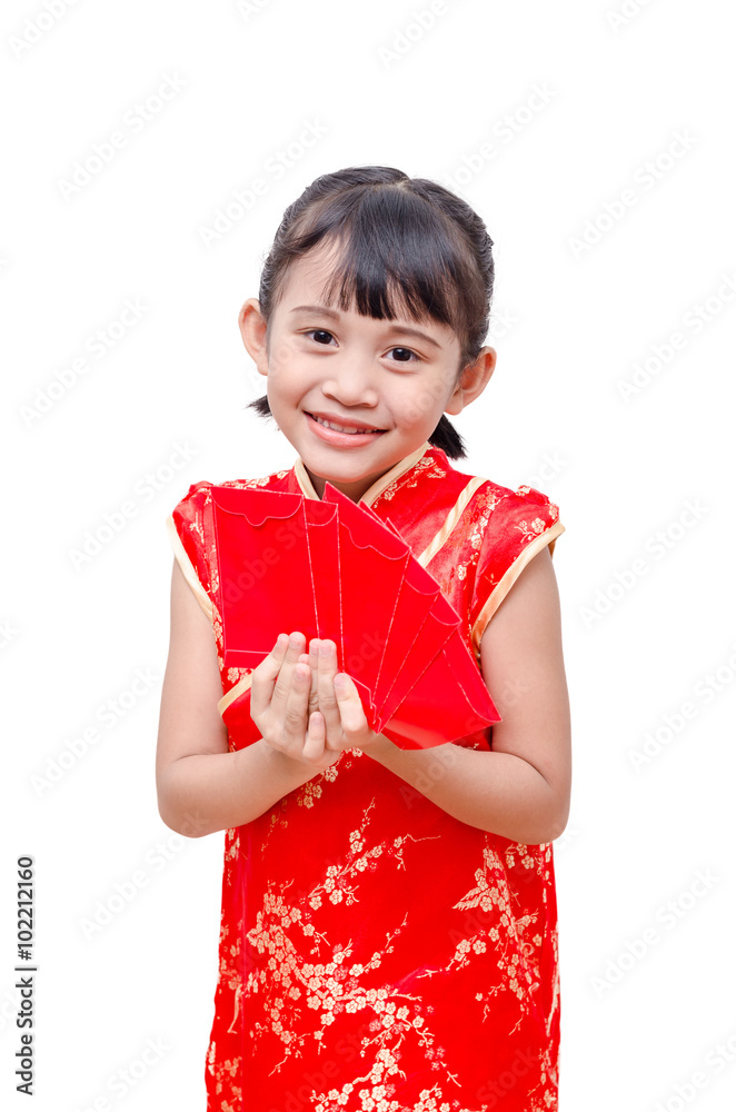 Young Asian girl in traditional chinese dress holding red packet Young Asian girl in traditional chinese dress holding red packet