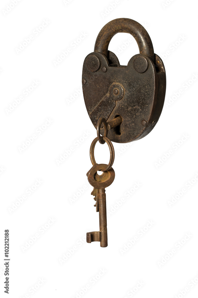 old padlock with key on white background close-up
old padlock with key on white background close-up