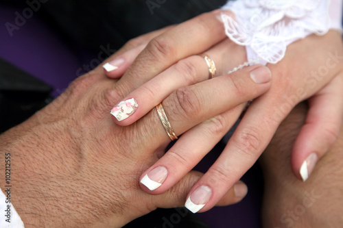 United hands of the bride and groom close up