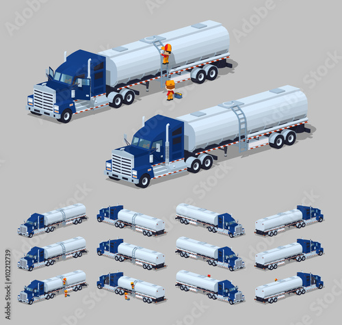 Dark-blue heavy truck with silver tank-trailer. 3D lowpoly isometric vector illustration. The set of objects isolated against the grey background and shown from different sides