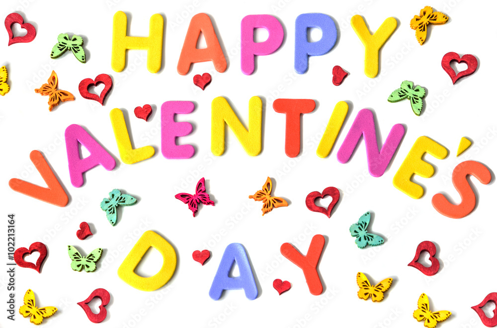 Text of colorful letters Happy Valentines day with multicolored butterflies and red hearts Text of colorful letters Happy Valentines day with multicolored butterflies and red hearts