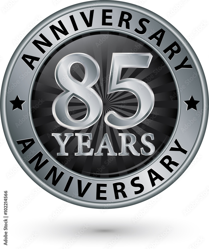 85 years anniversary silver label, vector illustration