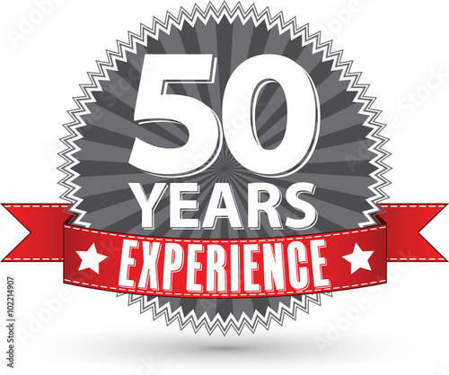 50 years experience retro label with red ribbon, vector illustra