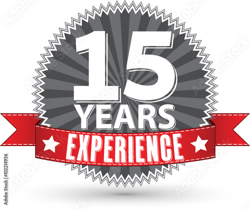 15 years experience retro label with red ribbon, vector illustration