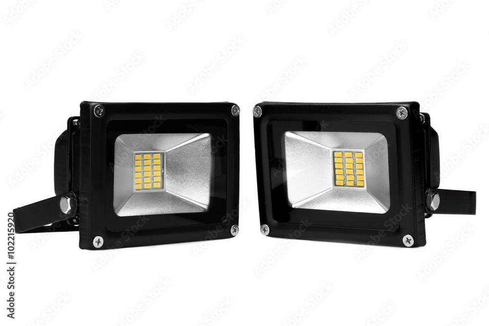 Two Outdoor Waterproof LED Floodlight Isolated On White Two Outdoor Waterproof LED Floodlight Isolated On White