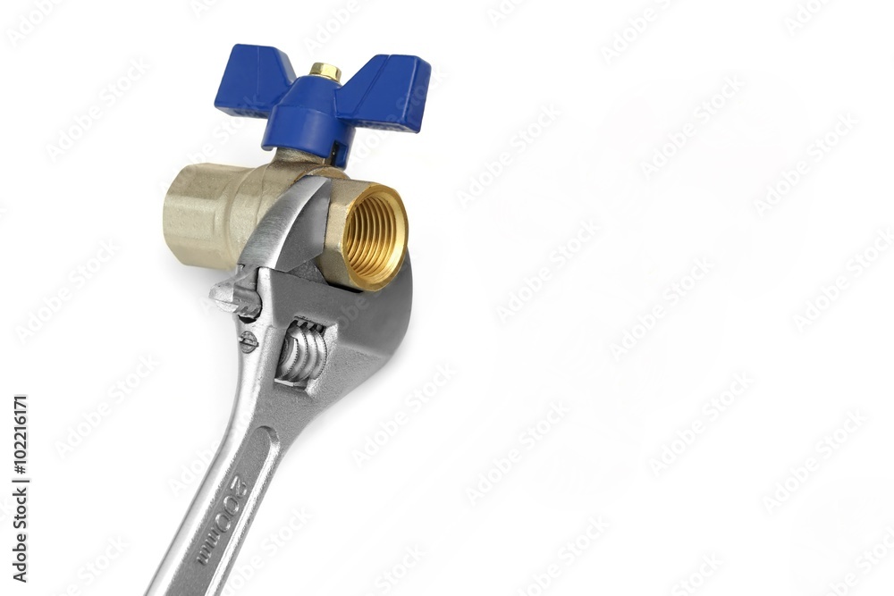 Ball Valve Grabbed With Adjustable Wrench Isolated On White Ball Valve Grabbed With Adjustable Wrench Isolated On White