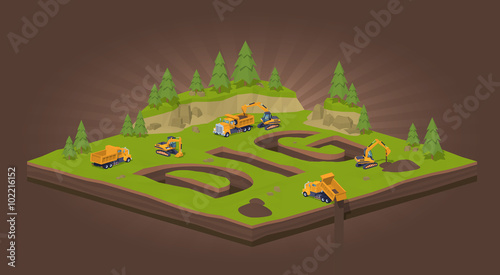 The trenches in the form of the word Dig. 3D lowpoly isometric vector concept illustration suitable for advertising and promotion