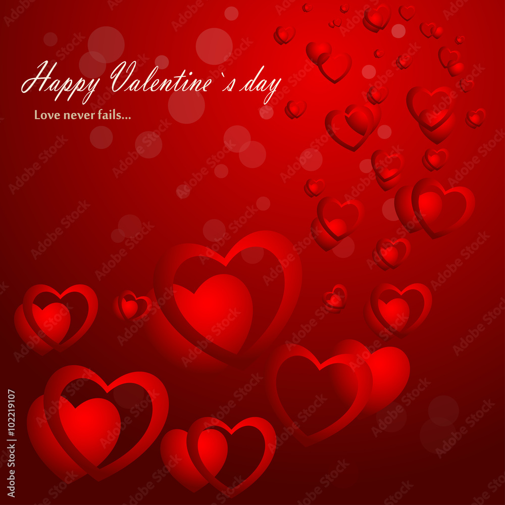 Happy Valentine's Day with hearts, greetings, on a red background