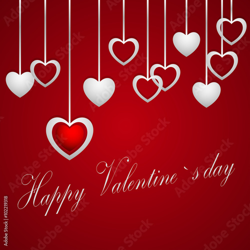 Happy Valentine's Day, hanging hearts on a red background, shadows