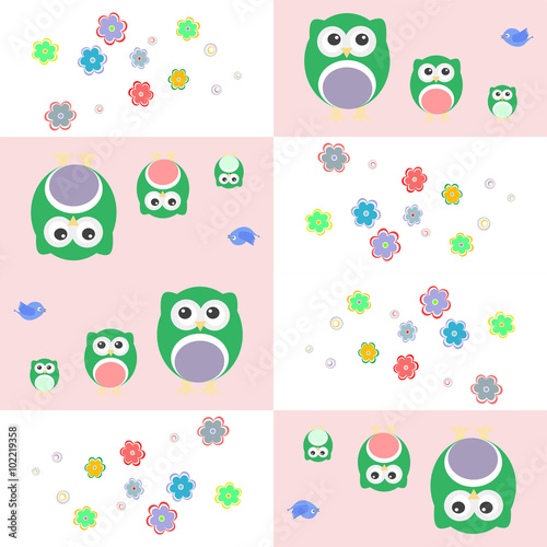 Seamless cute owl and birds pattern for kids in vector