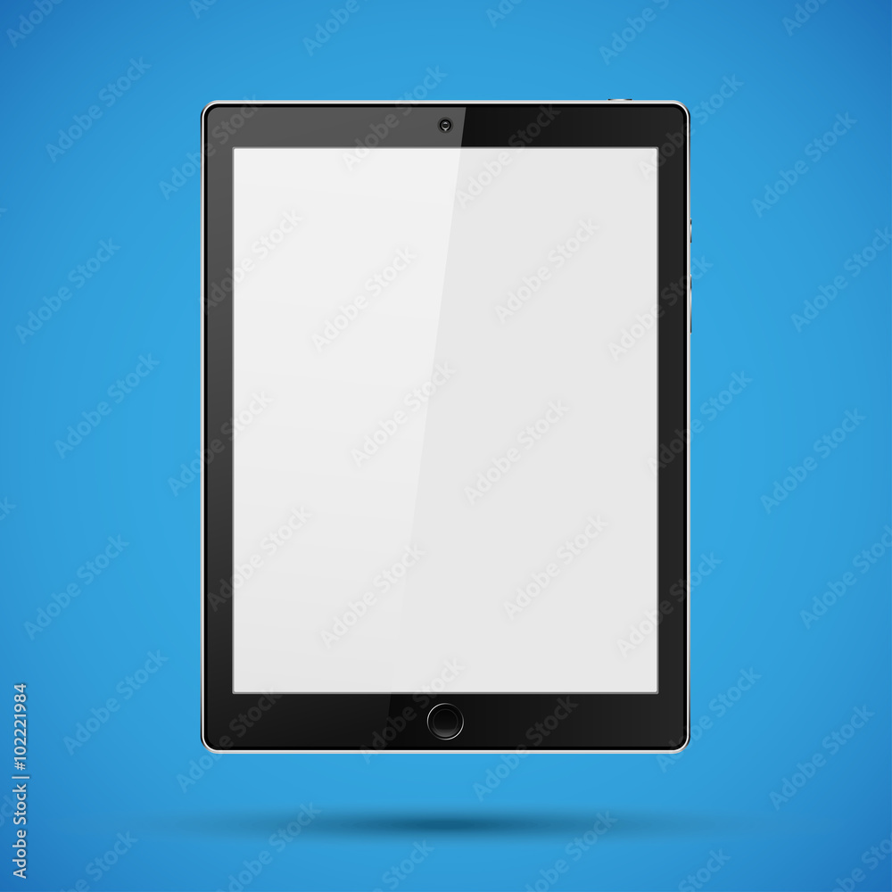 tablet with buttons, a camera on a blue background and shadow