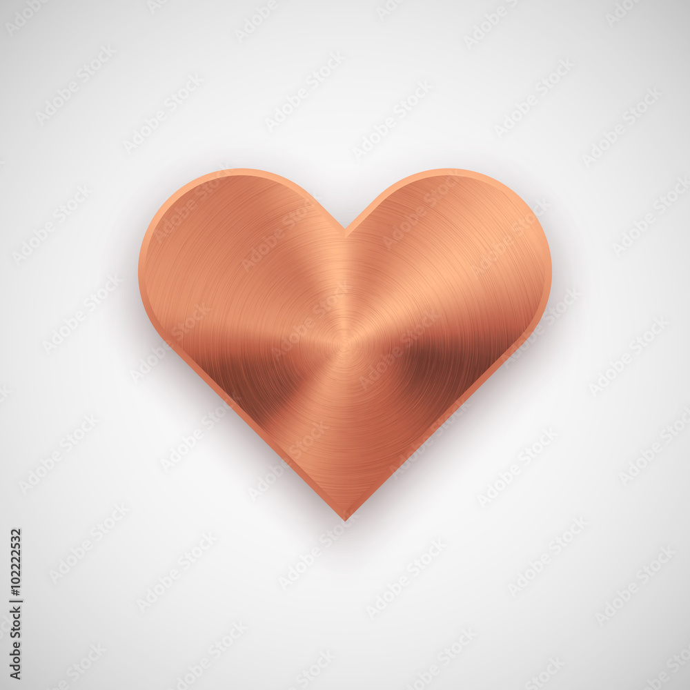 Bronze abstract heart sign badge, Valentines day blank button template with metal texture, chrome, steel, silver, copper, realistic shadow and light background. 14th february. Vector illustration. Bronze abstract heart sign badge, Valentines day blank button template with metal texture, chrome, steel, silver, copper, realistic shadow and light background. 14th february. Vector illustration.