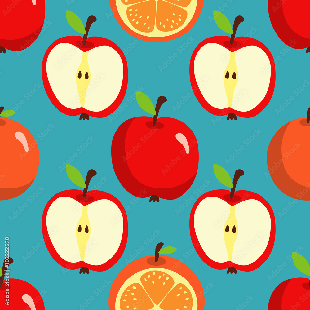 Seamless pattern with oranges and apples 