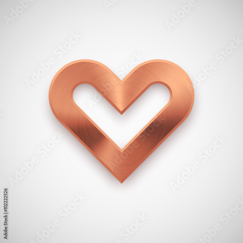 Bronze abstract heart sign badge, Valentines day blank button template with metal texture, chrome, steel, silver, copper, realistic shadow and light background. 14th february. Vector illustration.