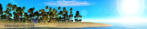 ocean sunset, island in the sea, panoramic view of sunset in the sea, palm trees on the island. © ustas