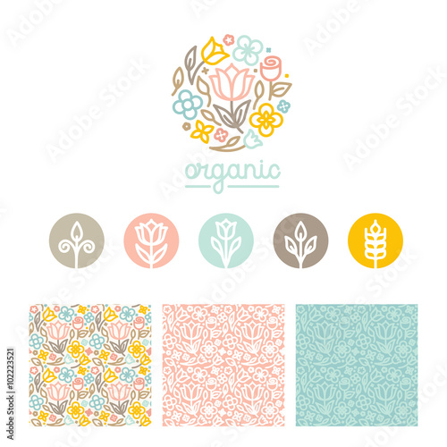Vector set of logo design templates, seamless patterns and signs