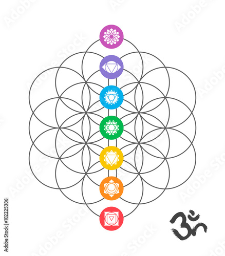 Colorful chakra icons on Sacred geometry design