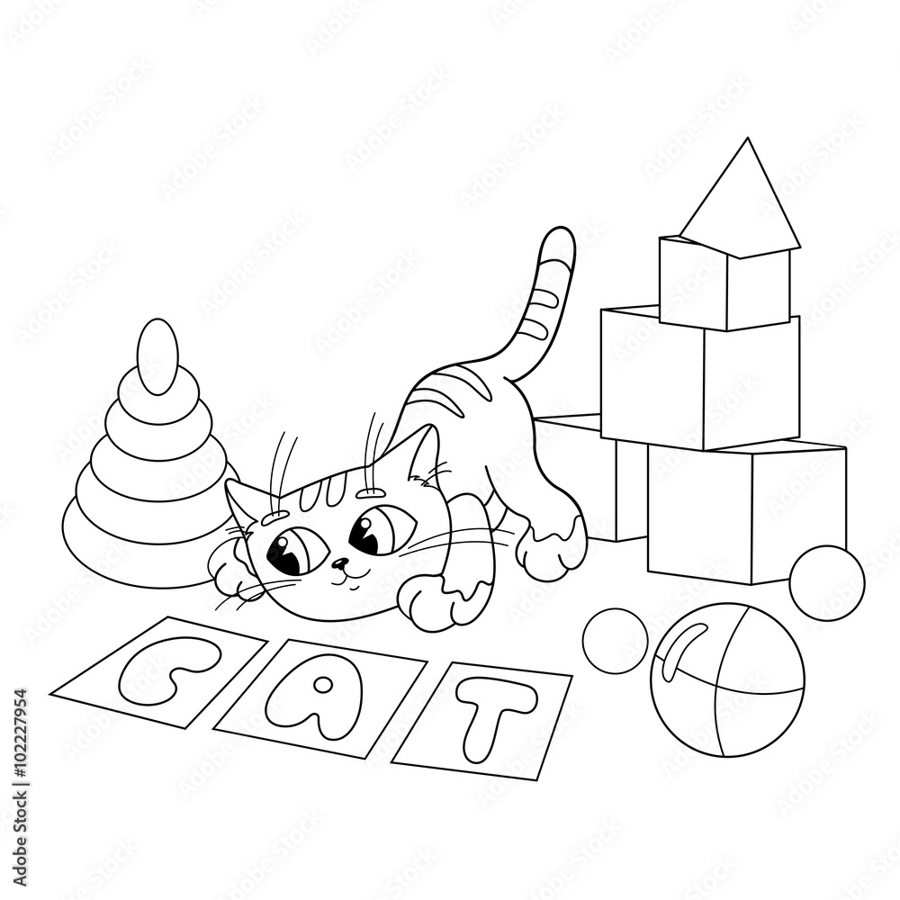 Coloring Page Outline Of cartoon cat playing with toys Stock Vector ...