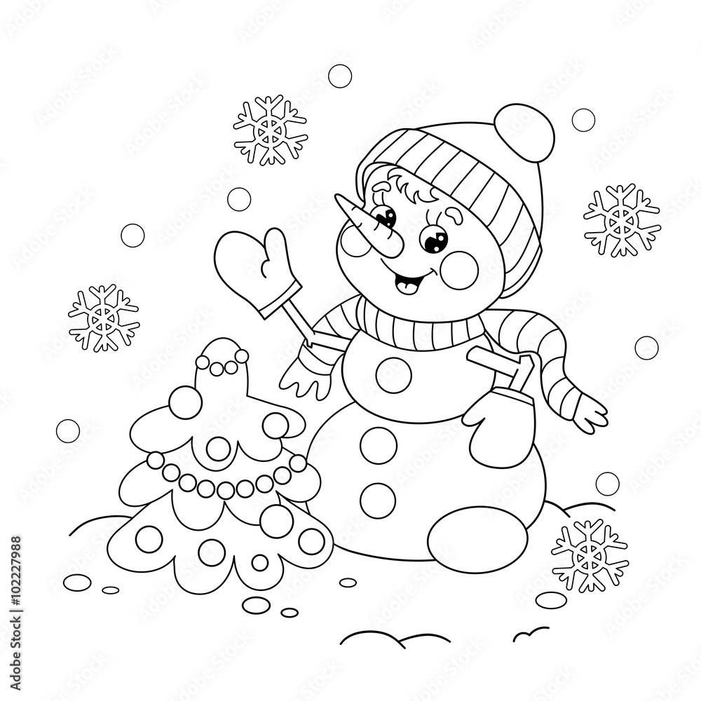 Coloring Page Outline Of snowman with Christmas tree Stock Vector ...