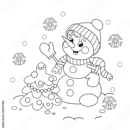 Coloring Page Outline Of snowman with Christmas tree