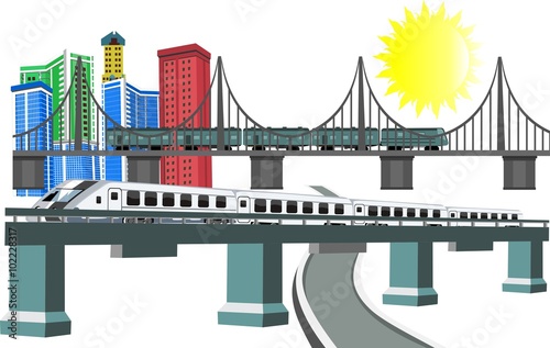 3D bridge and train,City buildings view vector illustration, , buildings, ,bridges, trains, sun. Isolated on white vector illustration.
