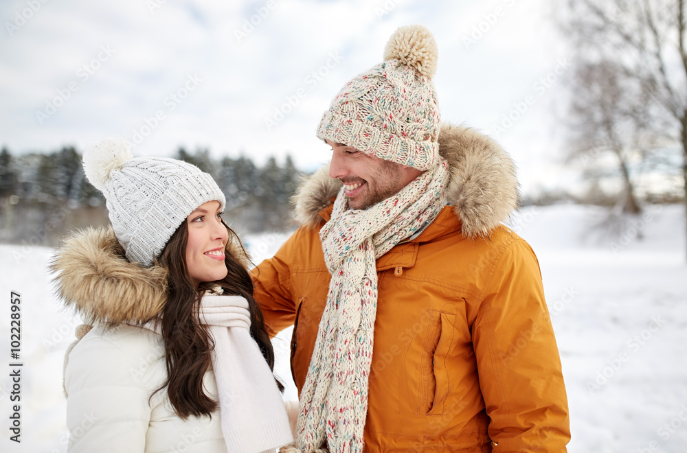 happy couple walking over winter background