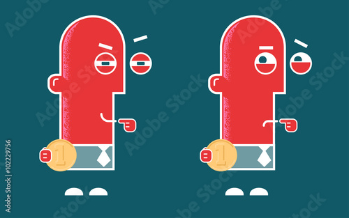 Shrewd and cautious investors. Men standing, holding coins and thinking. Risk and cautious investment illustration.