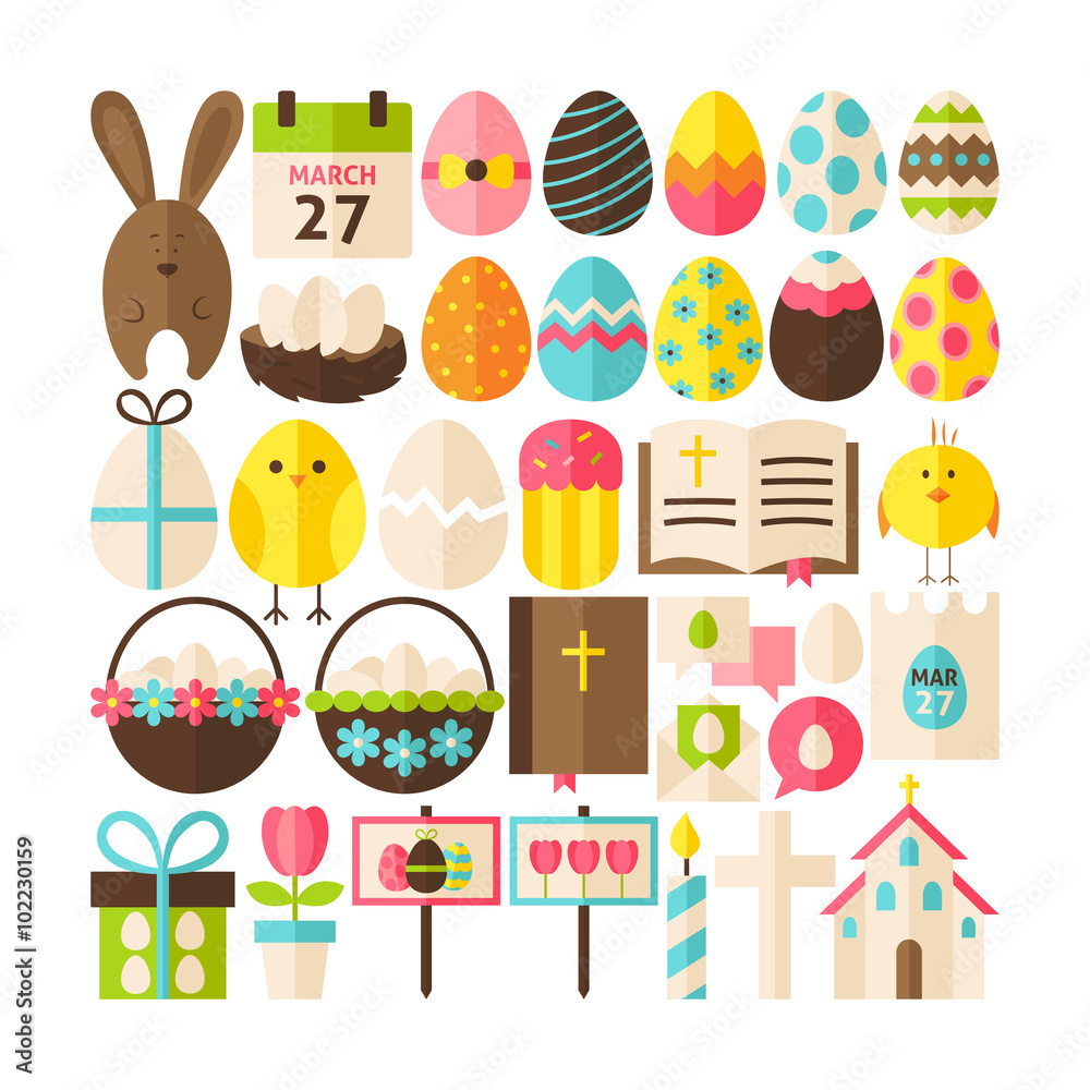 Big Flat Style Vector Collection of Happy Easter Objects Big Flat Style Vector Collection of Happy Easter Objects