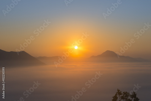 The skyline view and sunrise at mountain with lot of fog at Phu