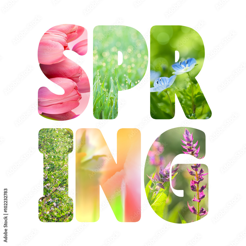 Fototapeta premium Word Spring with colorful nature images inside the letters