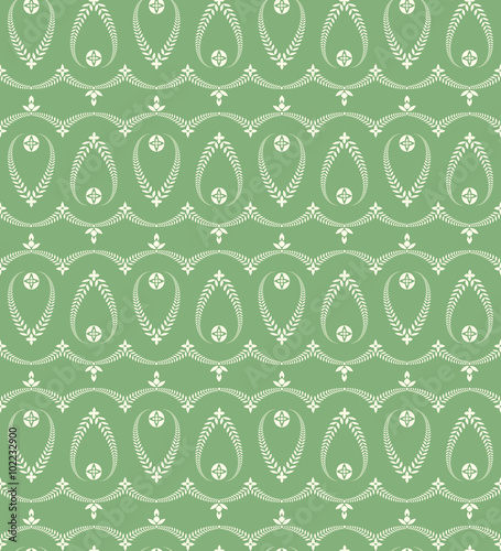 Religion seamless pattern. Laurel wreath, lace view texture with cross. Ceremonial, funeral background. Swirl stylized ornament. White, green, soft colored. Vector 