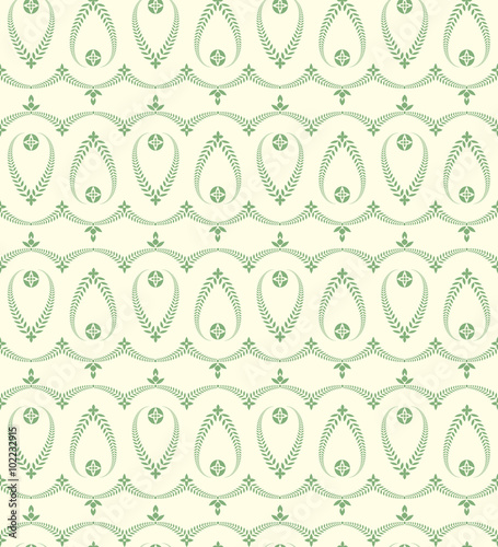 Religion seamless pattern. Laurel wreath, lace view texture with cross. Ceremonial, funeral background. Swirl stylized ornament. White, green, soft colored. Vector 