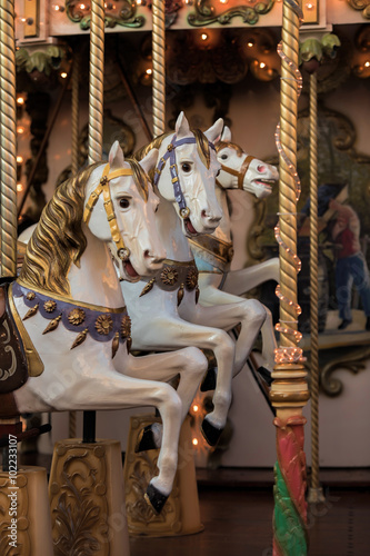 wooden horses on the carousel