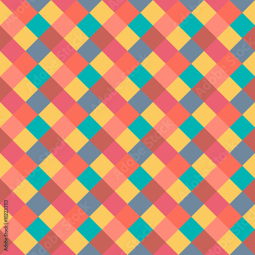 Seamless geometric pattern. Diagonal square, braiding, woven line background. Strapwork texture in warm, brigth, variegated, baby, festival, clown, holiday colors. Rhomb figure texture. Vector