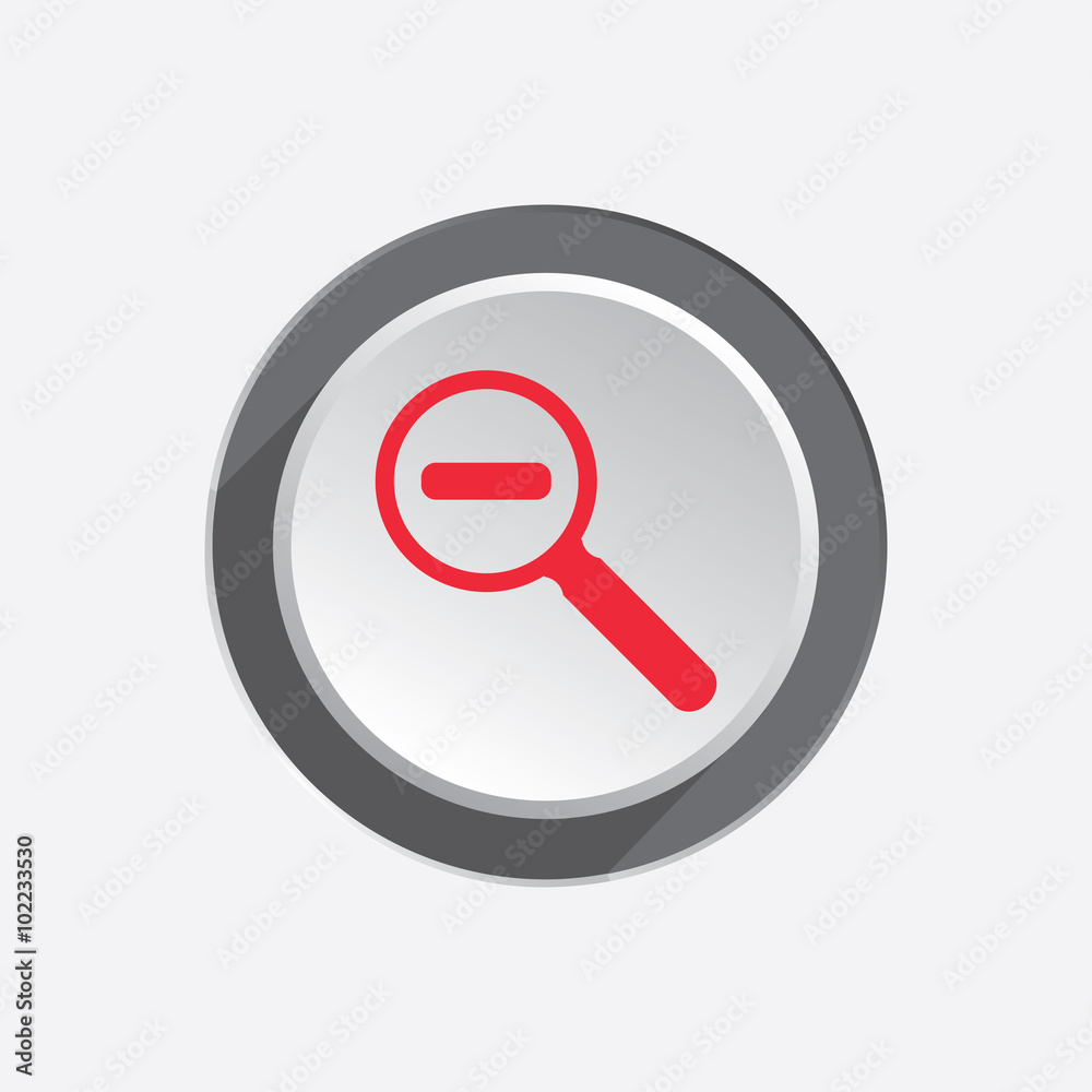 Zoom tool icon. Magnifier glass with minus, search and navigation symbol. Red sign on round three-dimensional white-gray button. Vector Zoom tool icon. Magnifier glass with minus, search and navigation symbol. Red sign on round three-dimensional white-gray button. Vector
