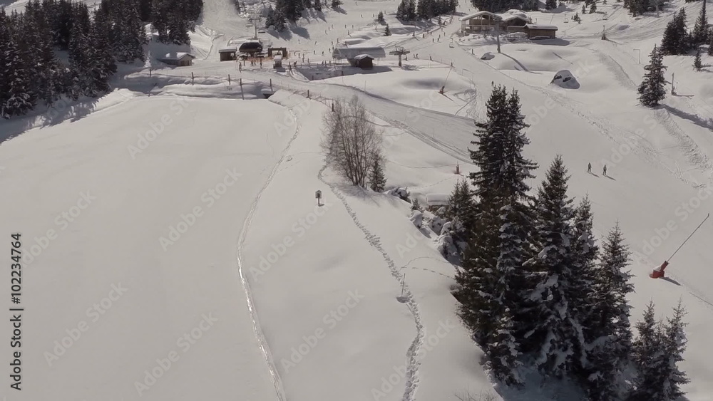Aerial shot of people skiing in a french ski resort in the Alps
Aerial shot of people skiing in a french ski resort in the Alps