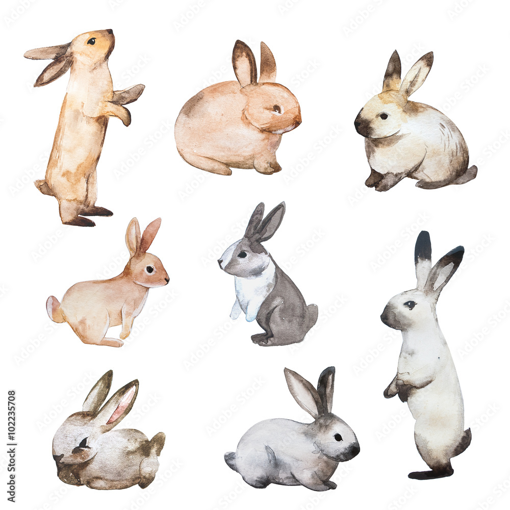 Naklejka premium Zestaw wielkanocnych królików. Ręcznie rysowane szkic i ilustracje akwarela