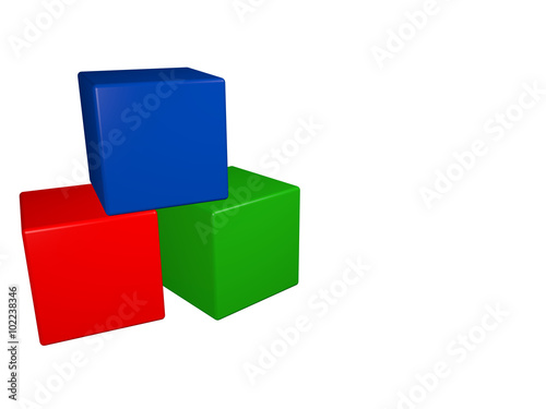 the children s picture of three colored blocks  red  blue  green . the cubes are stacked so that the green and red are adjacent  and the blue is on top of them
