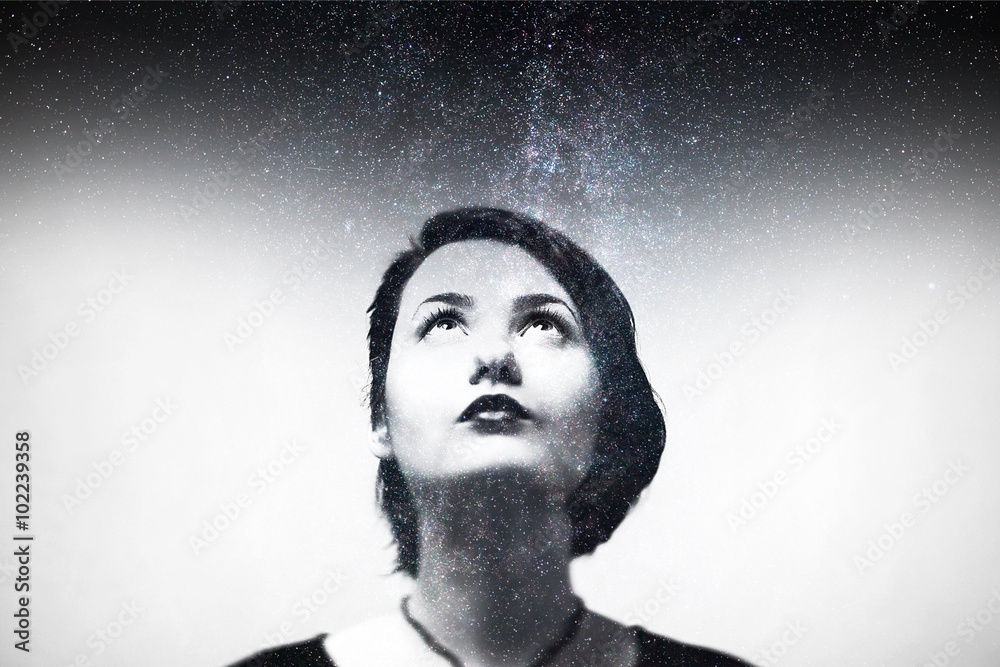 Fototapeta Impression portrait of young girl composition with night sky.