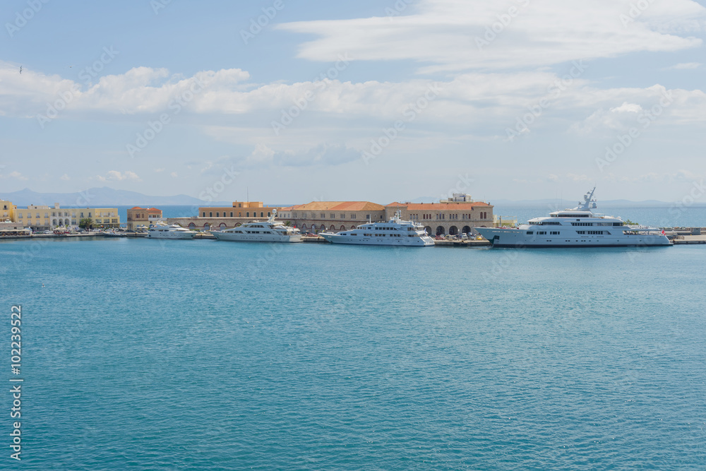 Luxurious yachts on the port of Syros, Greece.
